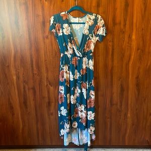 Pink blush high low nursing dress blue with pink &white flowers.